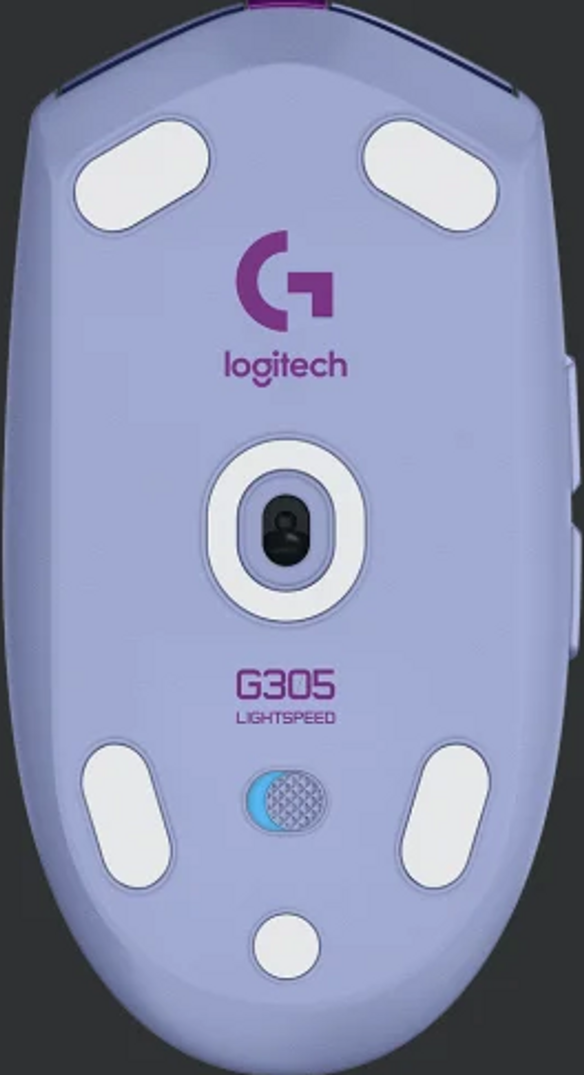 Widok od spodu myszy gamingowej Logitech. Fioletowa podstawa z białymi podkładkami i logo.