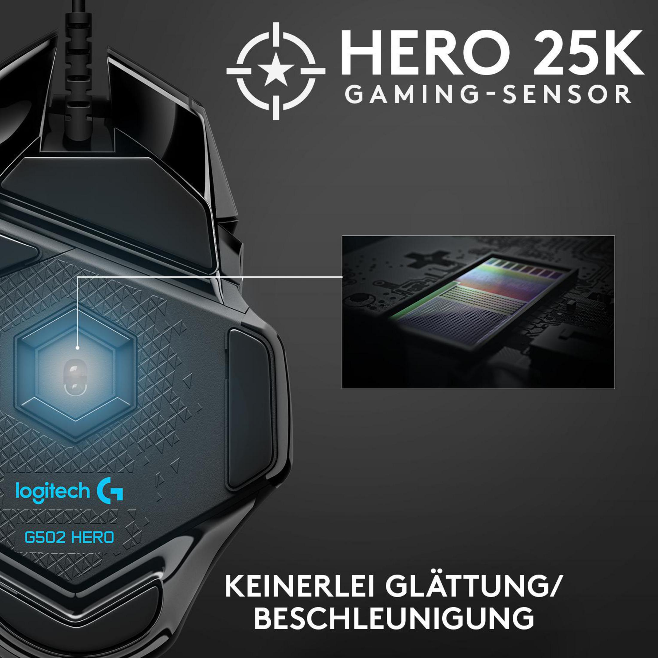 A gaming mouse with a light-up logo. Text highlights the HERO 25K sensor and other features.