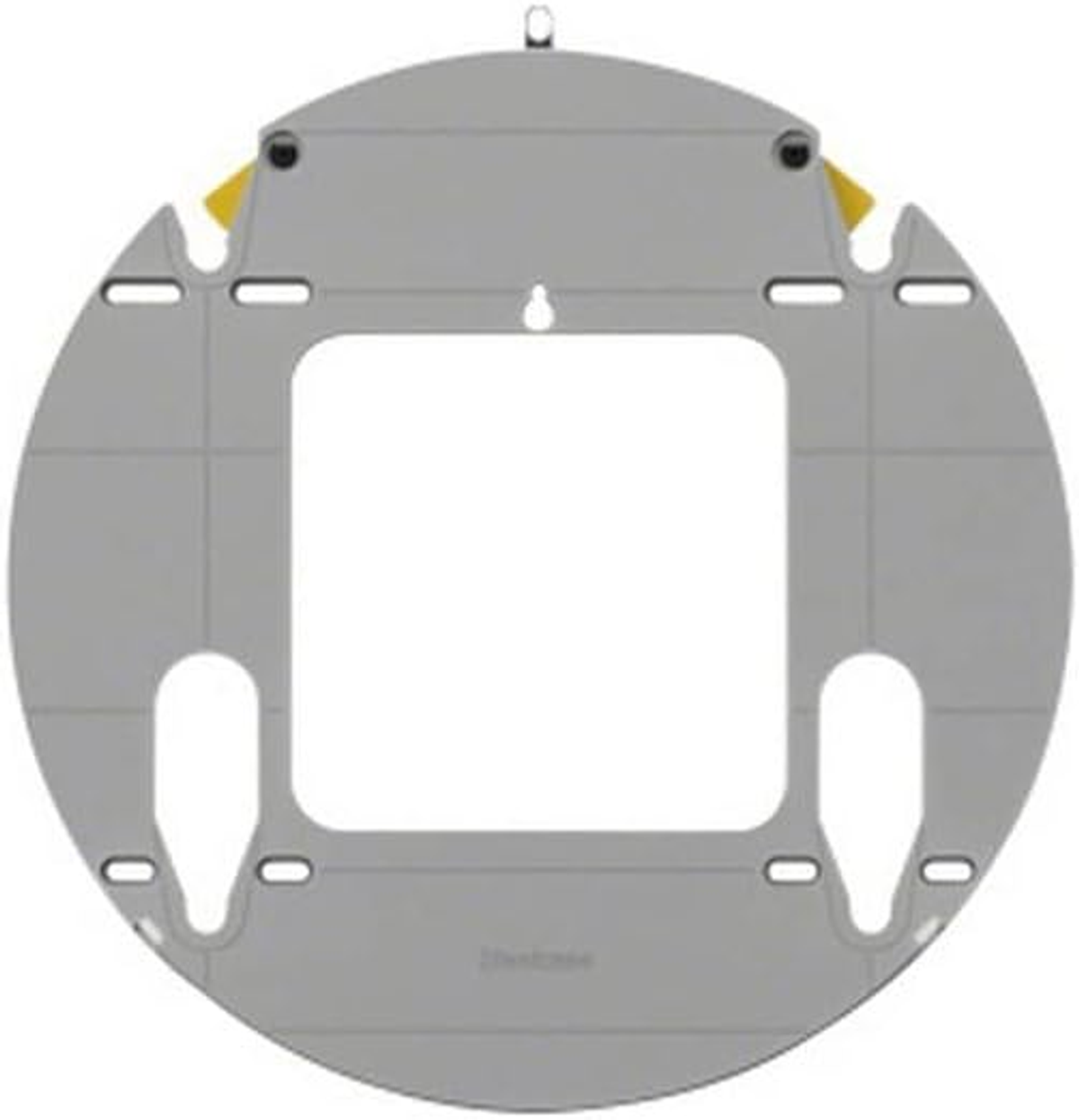 Support Nest Hub gris et rond avec une découpe carrée et des trous de montage.