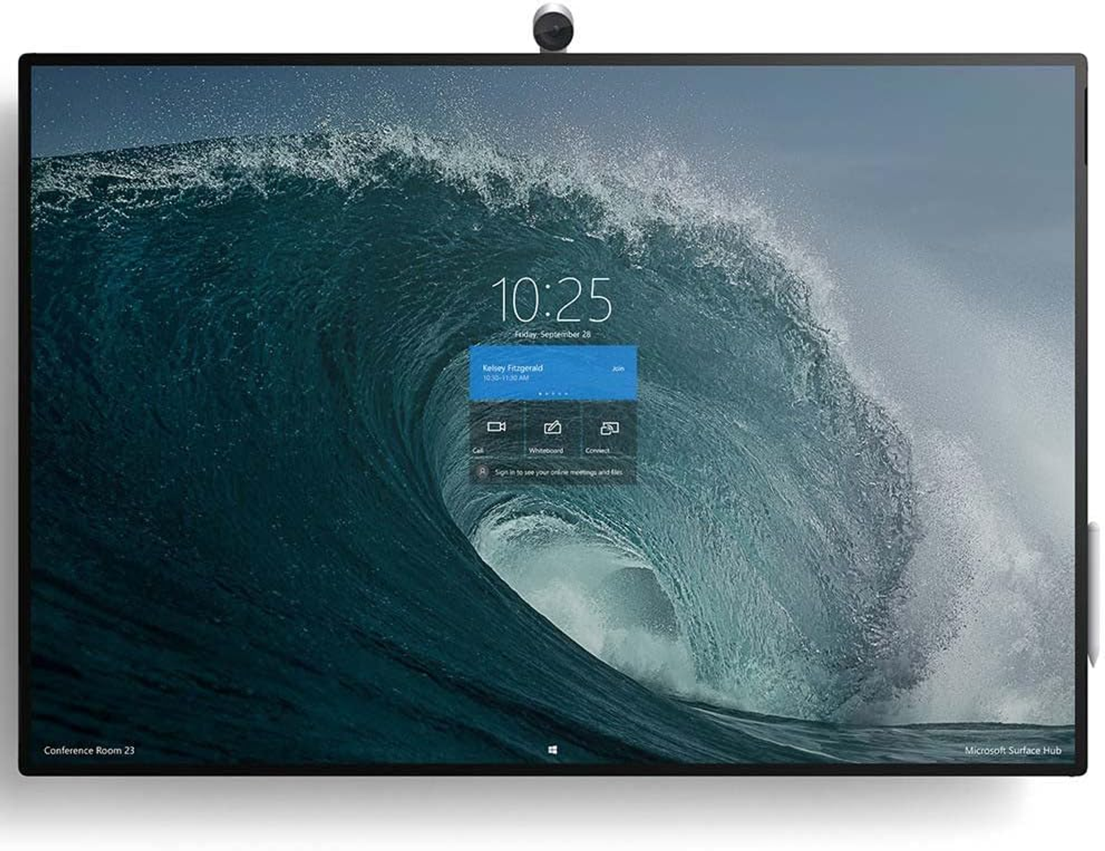 Grand écran avec interface d'appel vidéo, montrant un fond d'ondes et les détails de réunion.