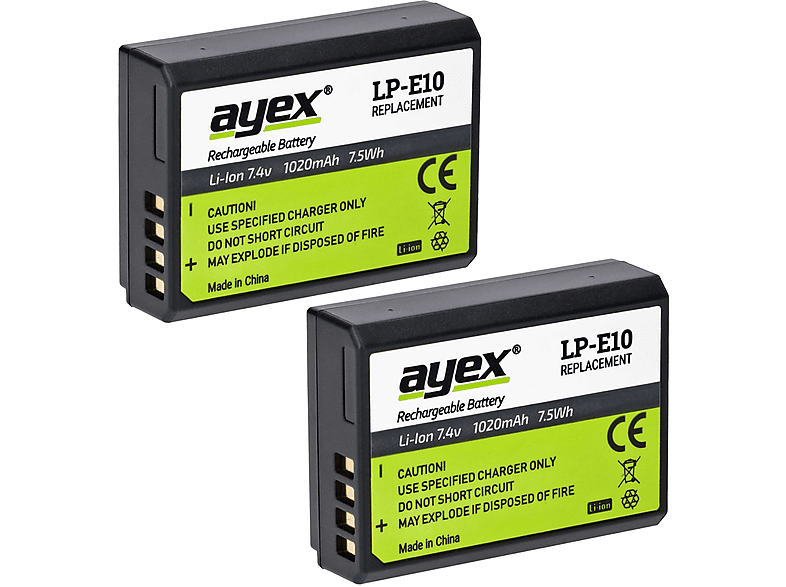 AYEX LP-E10 2 Stück Für Canon EOS 1100D 1200D 1300D Rebel T3 Kiss X50 100percent Kompatibilitat Kamera Akku Schwarz 135171228