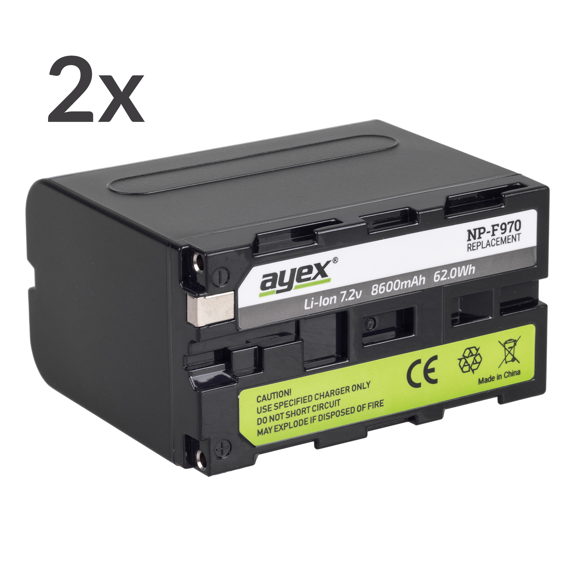 Zwei schwarze Batterien mit Etiketten, Text 2x. Text: Vorsicht, Kurzschluss vermeiden. Weißer Hintergrund.
