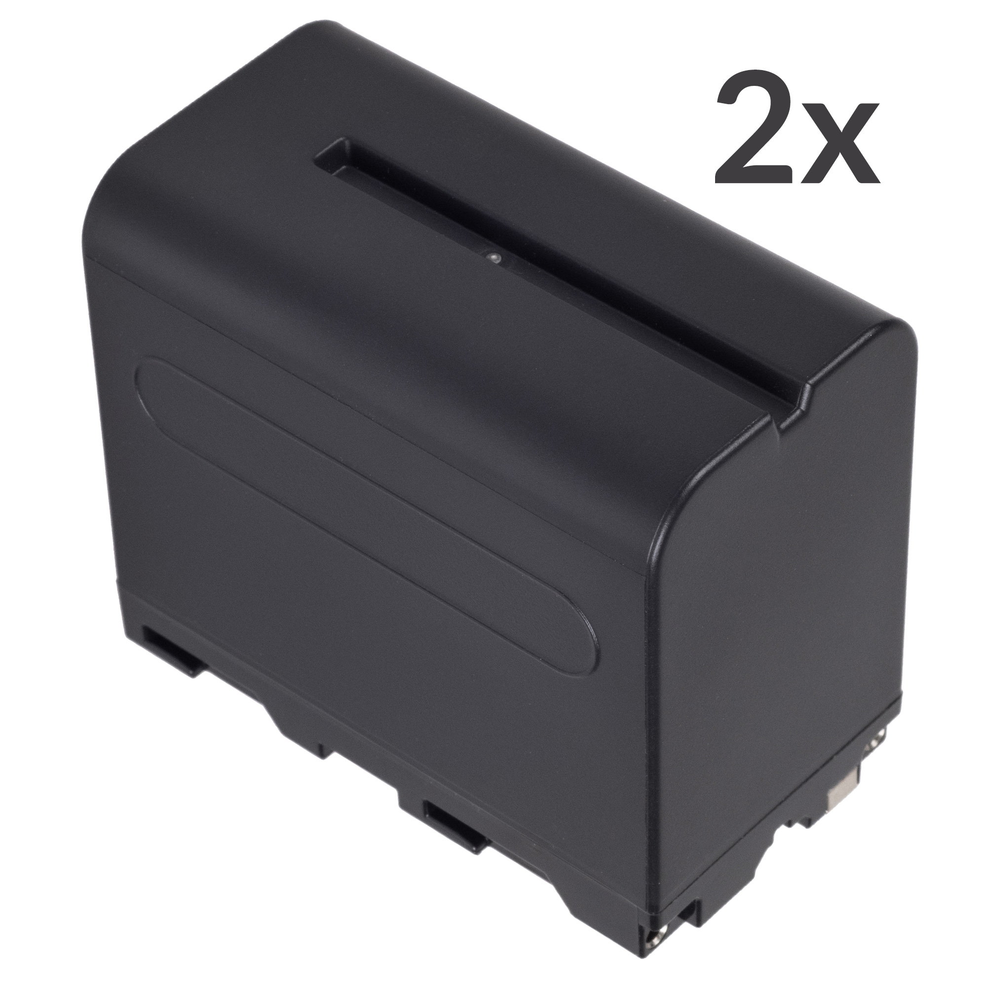 Zwei schwarze Batterien. Der Text "2x" zeigt an, dass es zwei gibt. Die Batterien sind rechteckig.