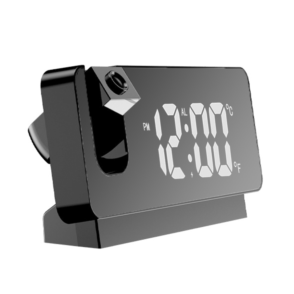 Schwarzer digitaler Wecker mit 12:00 Anzeige und Projektor oben.