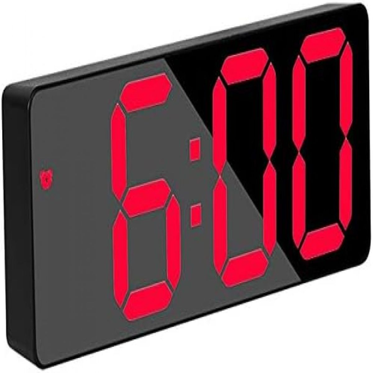 Ein schwarzer digitaler Wecker, der die Uhrzeit 6:00 mit roten Ziffern anzeigt.