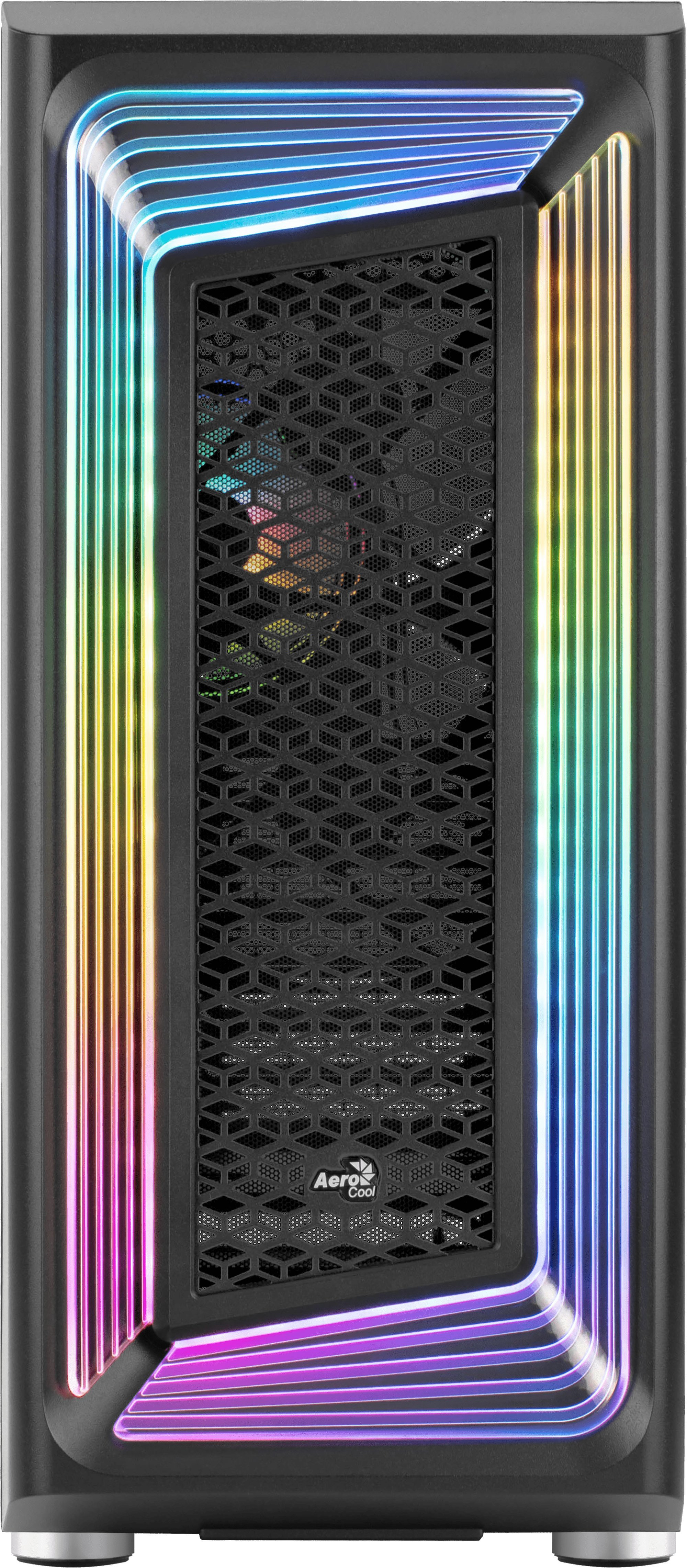 Czarna obudowa PC z podświetleniem RGB z przodu, siatka o strukturze plastra miodu.