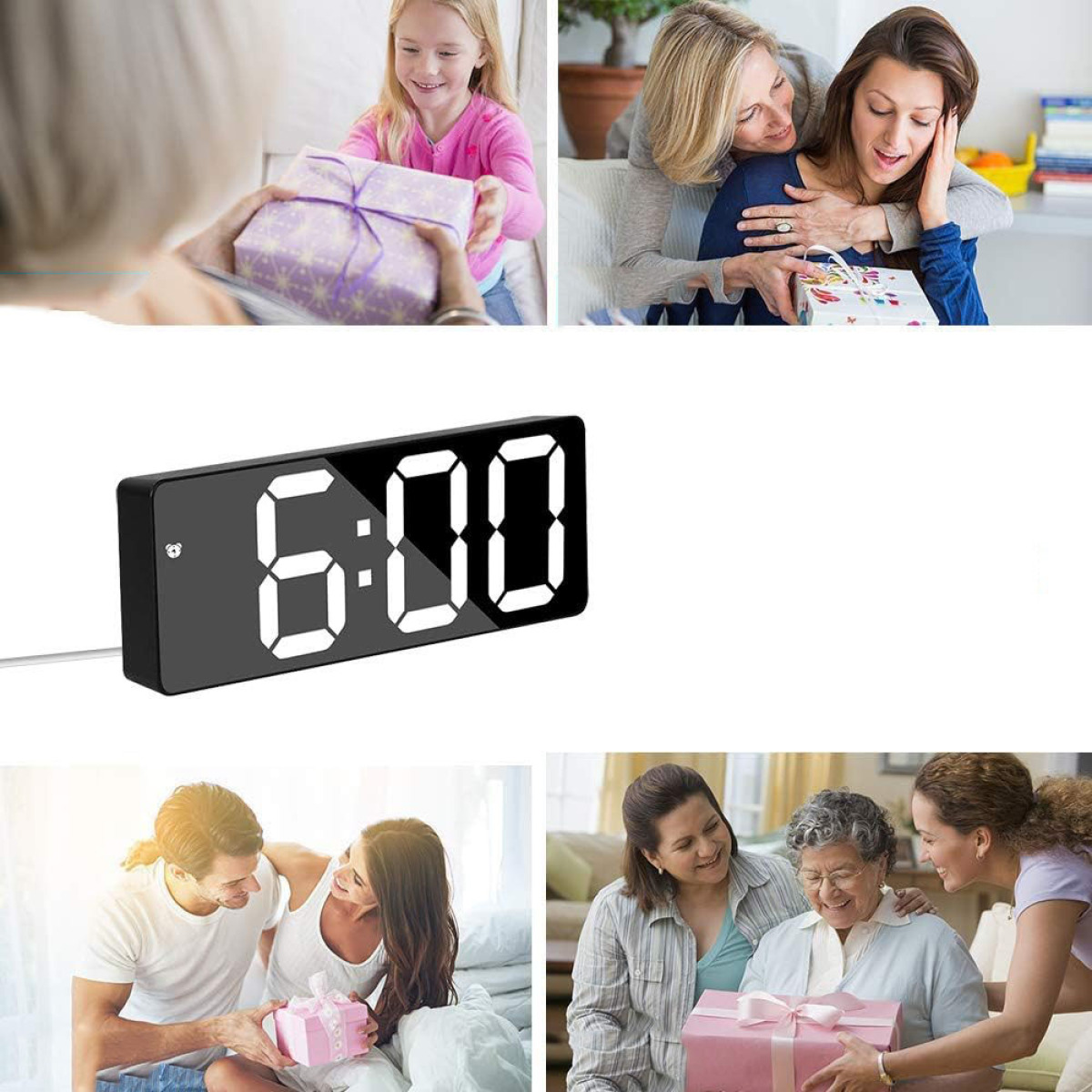 Uhr zeigt 6:00 Uhr an. Menschen geben Geschenke, mit Lächeln und fröhlichen Gesichtern.