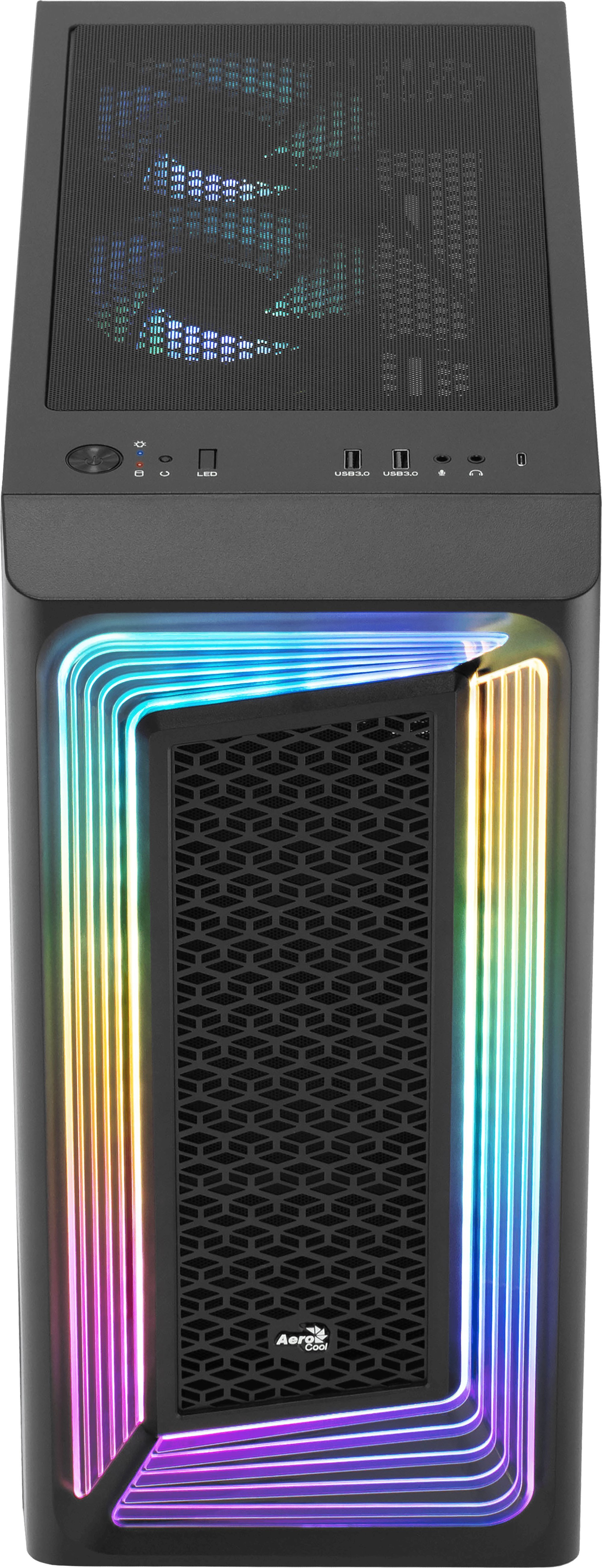 Czarna obudowa komputera z oświetleniem RGB z przodu, pokazująca porty i przyciski na górze.