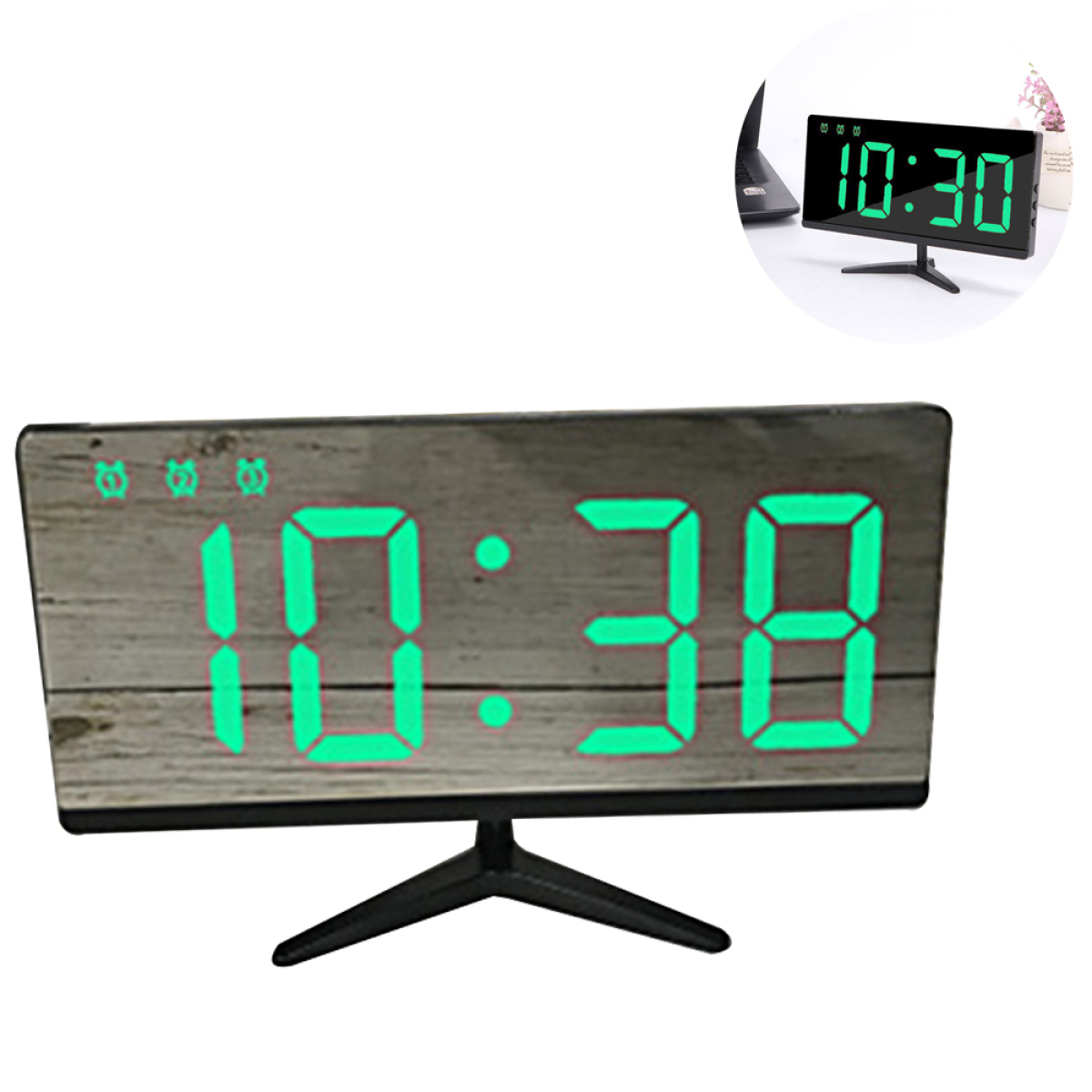 Eine Digitaluhr, die 10:30 mit grünen Zahlen anzeigt. Der Hintergrund ist ein Holzmuster.