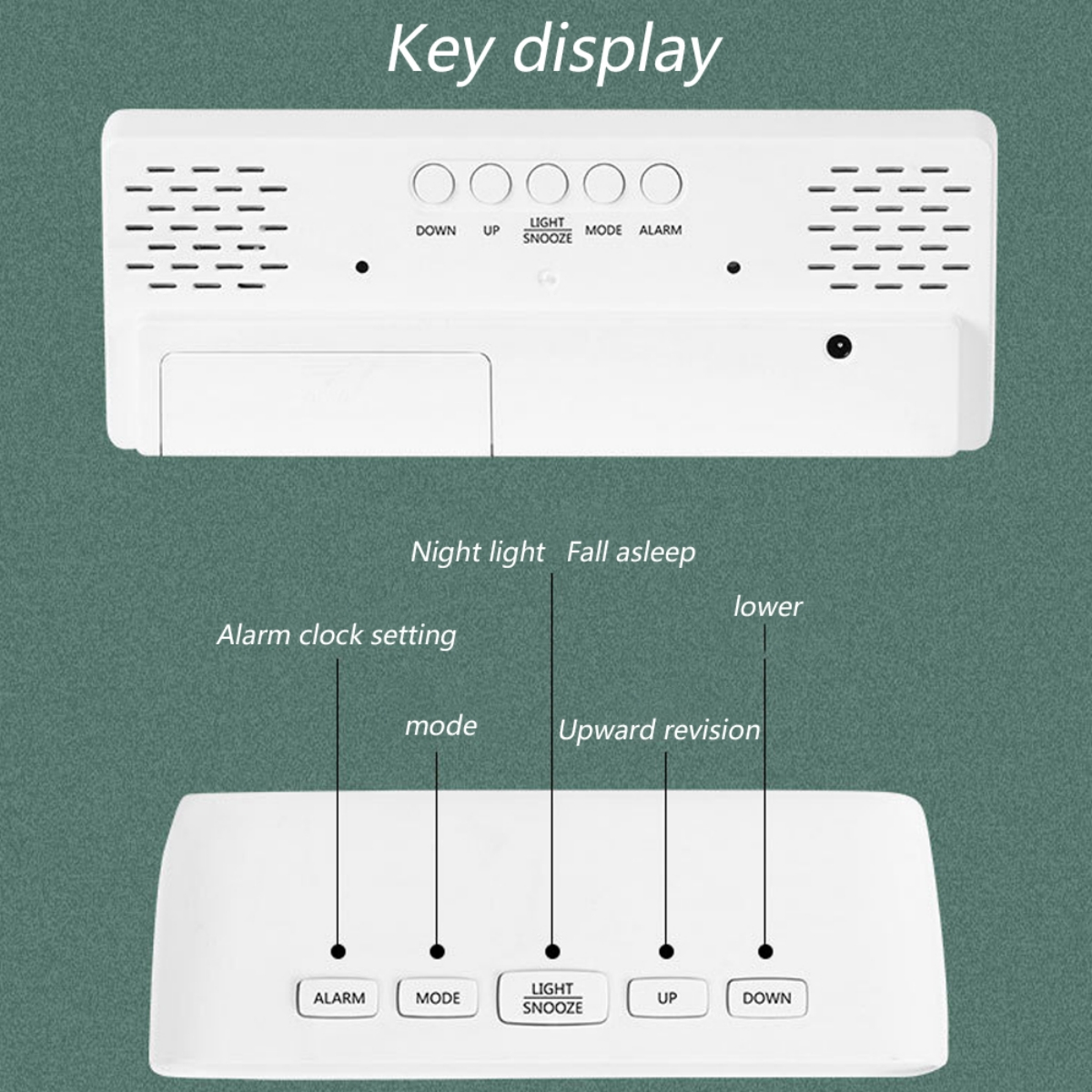 Ein weißer digitaler Wecker mit einem Diagramm der Tastenanzeige, weißer Hintergrund.