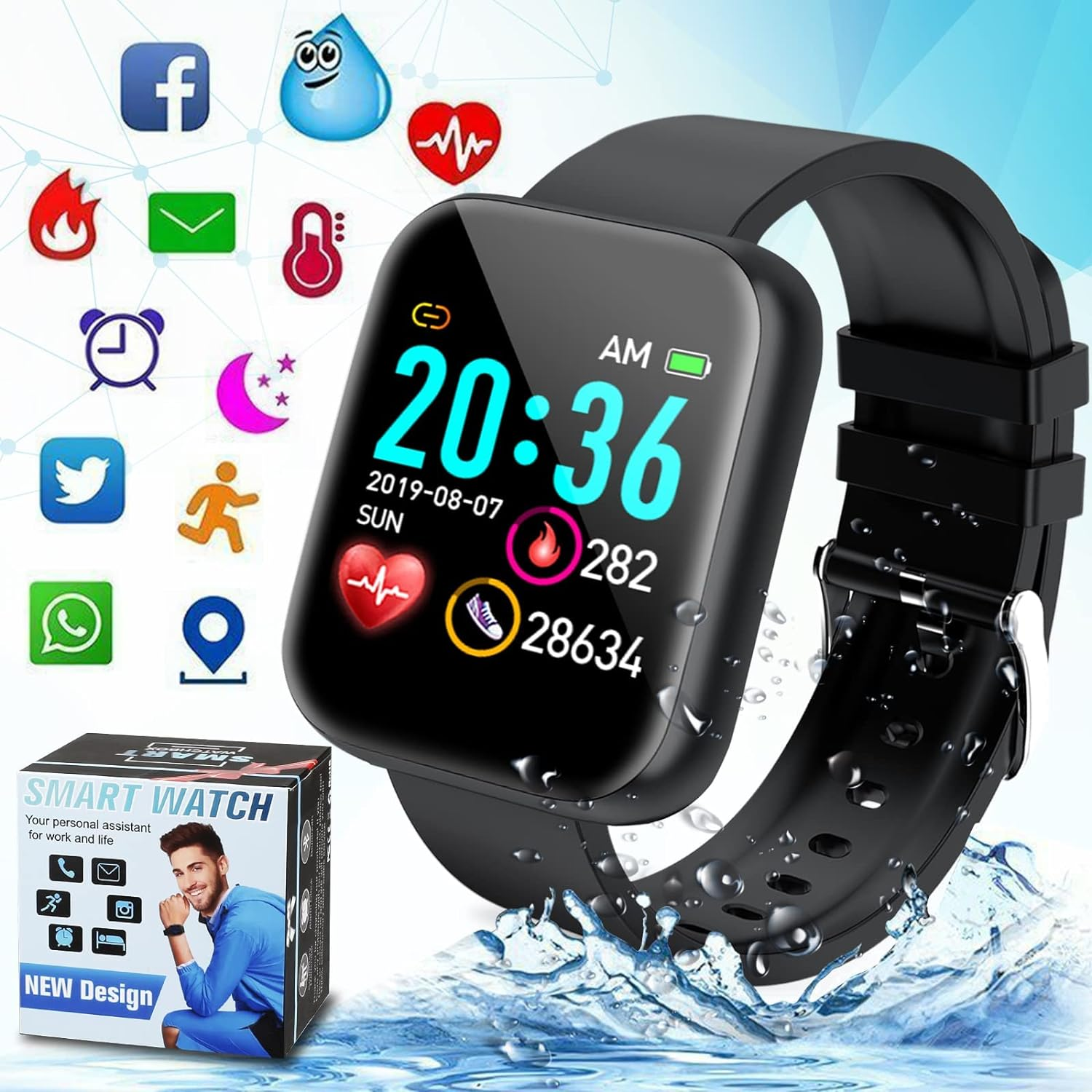 Schwarze Smartwatch mit schwarzem Armband. Symbole um den Bildschirm, Box in der Ecke mit einem Mann.