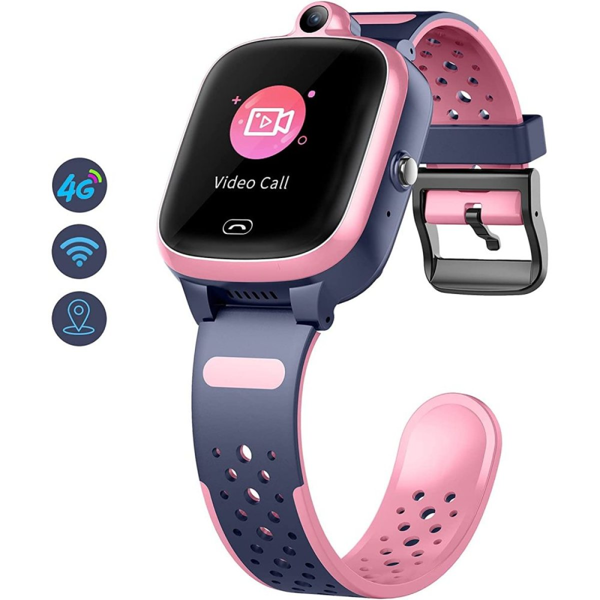 Rosa und blaue Smartwatch für Kinder mit Videoanruf-Symbol auf dem Bildschirm und blauem Armband.
