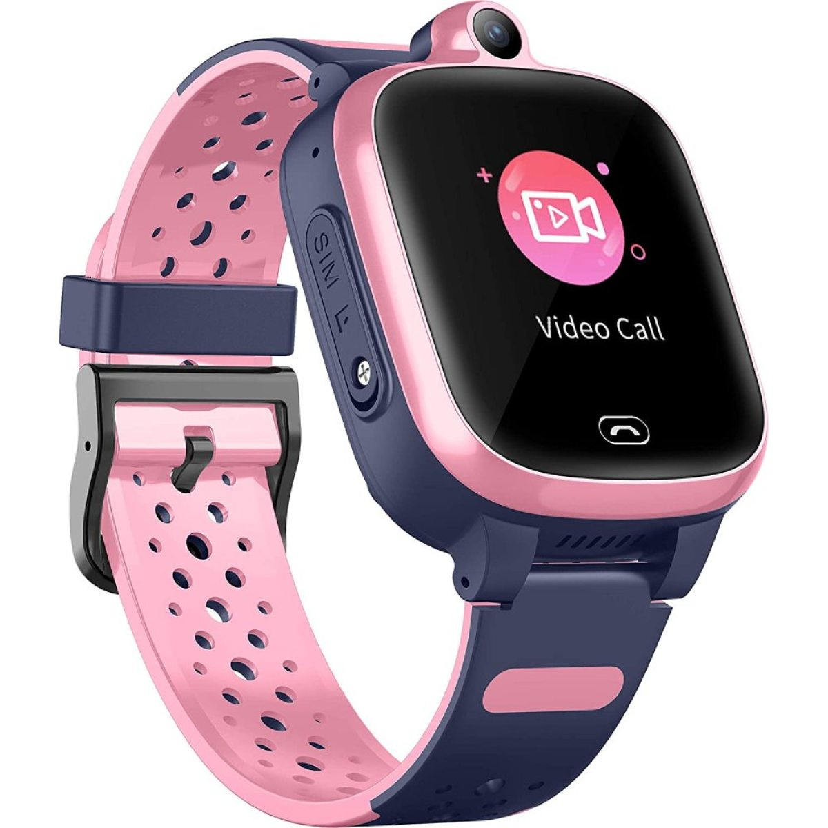 Rosa-blaue Smartwatch mit Videoanruf-Symbol auf dem Bildschirm und rosa Armband.