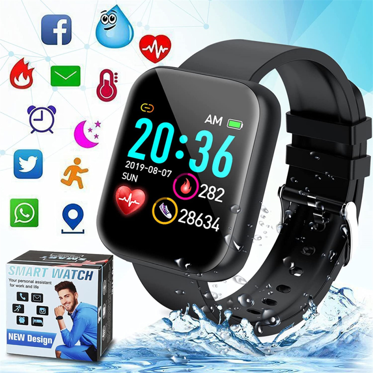Schwarze Smartwatch mit Anzeige von Zeit und Gesundheitsdaten. Box und Symbole.