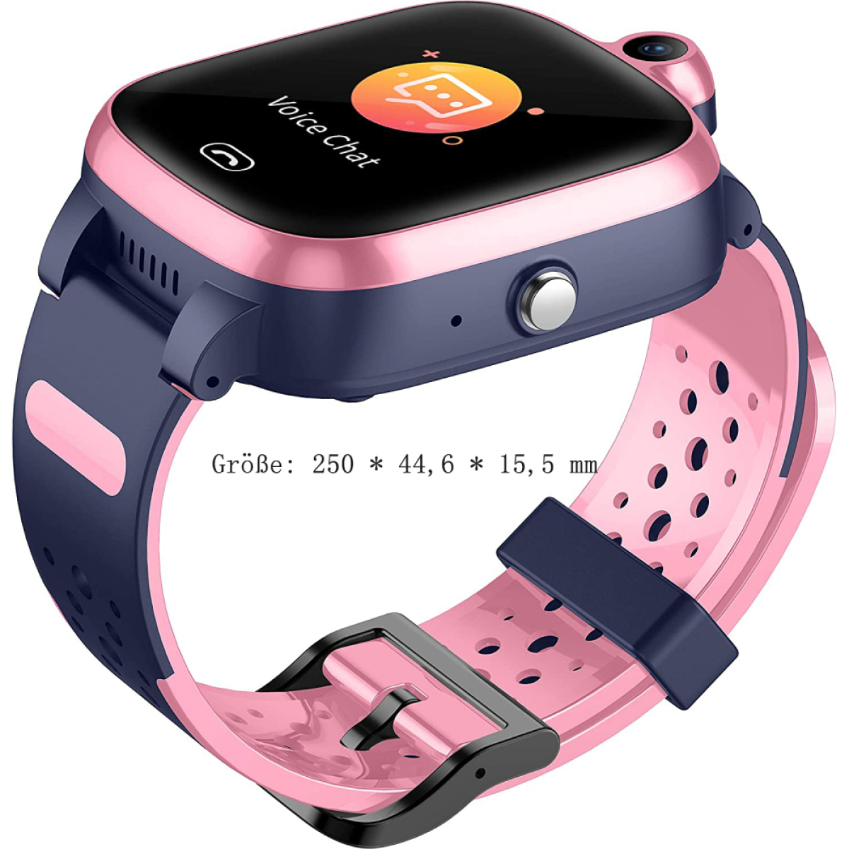 Smartwatch mit rosa und marineblauem Armband, schwarzem Bildschirm und Kamera.