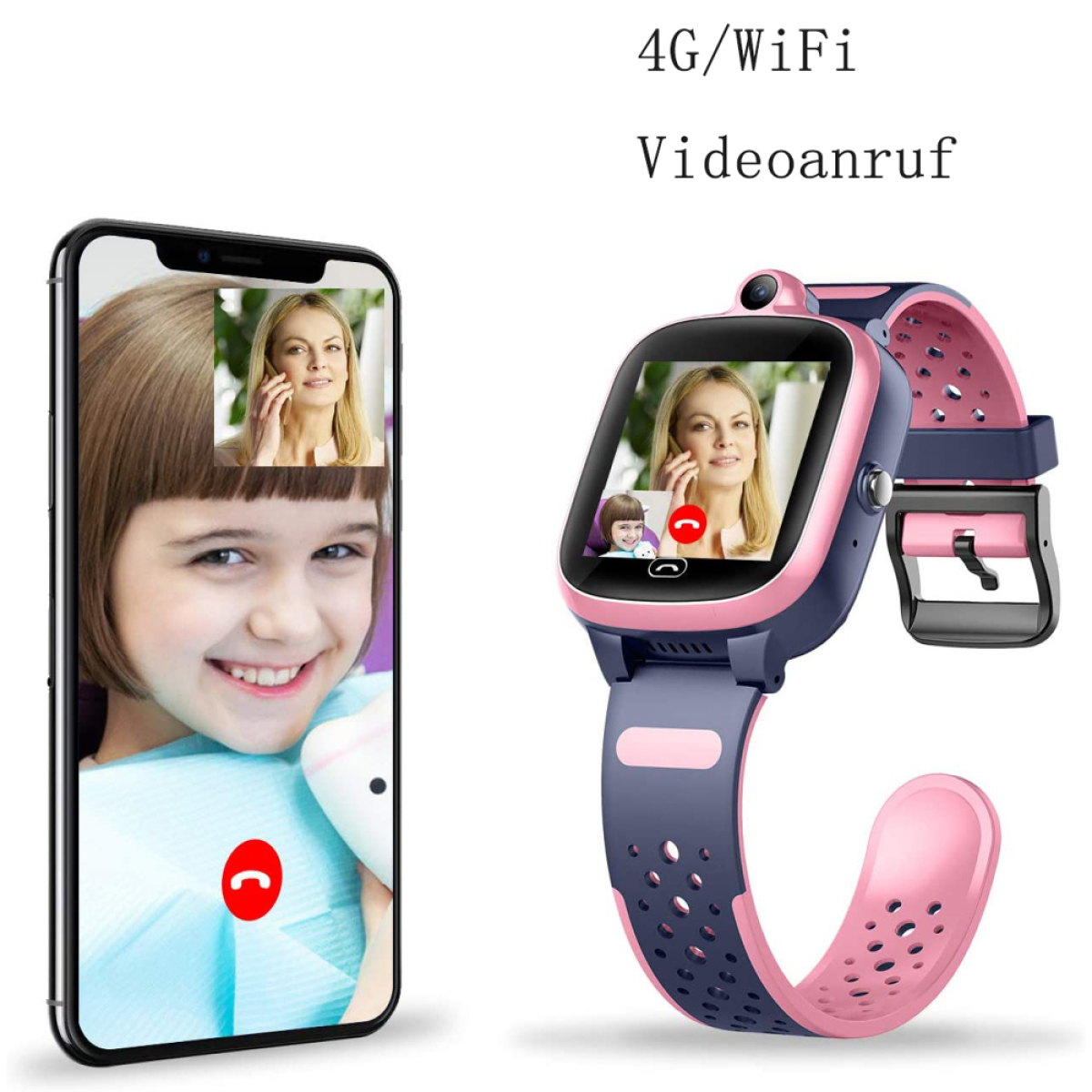 Smartwatch und Telefon-Videoanruf. Mädchen und Frau sind auf dem Bildschirm. Pinke und blaue Uhr.
