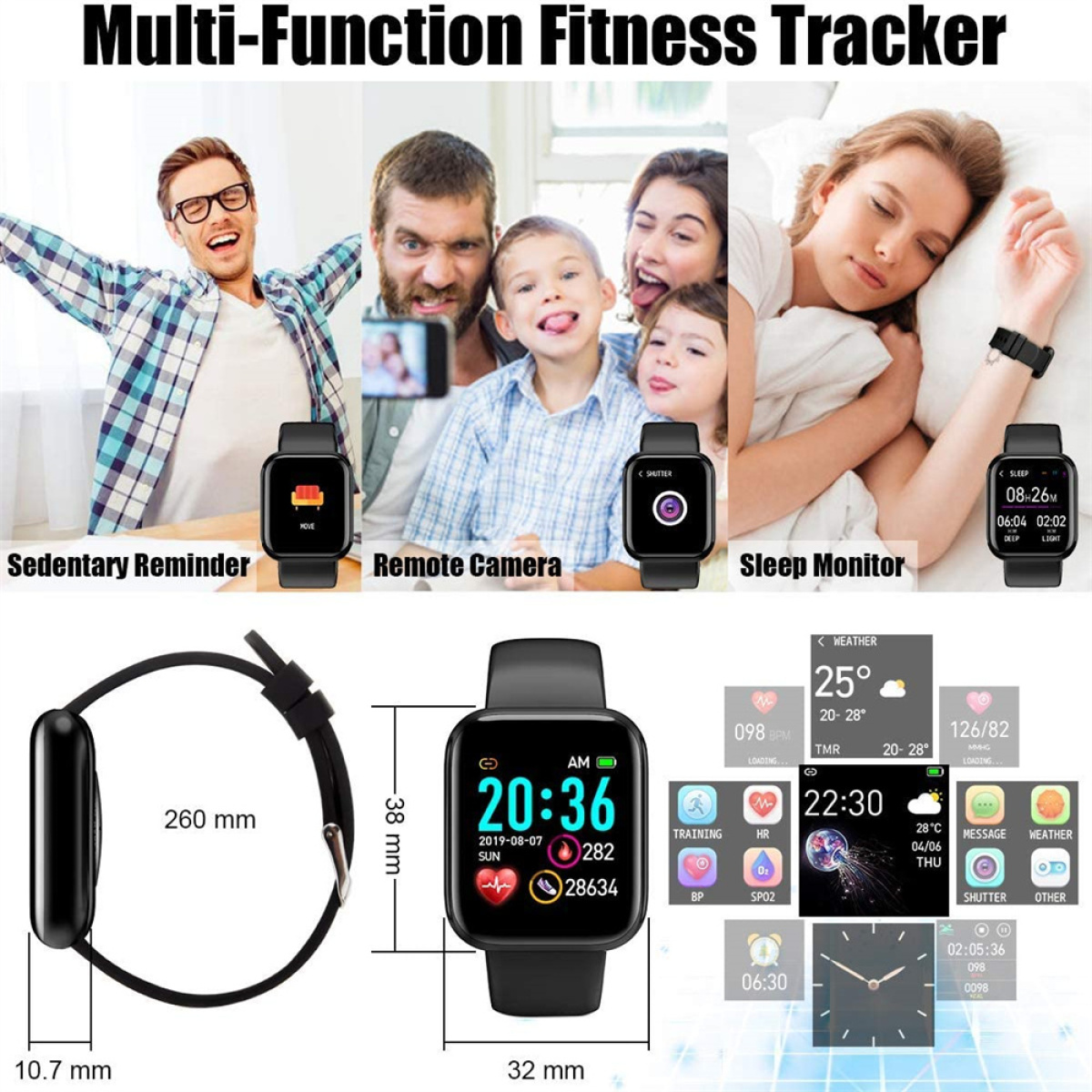 Multifunktions-Fitness-Tracker und seine Funktionen. Enthält eine Uhr, Personen, die Fotos machen, und verschiedene Bildschirmanzeigen.