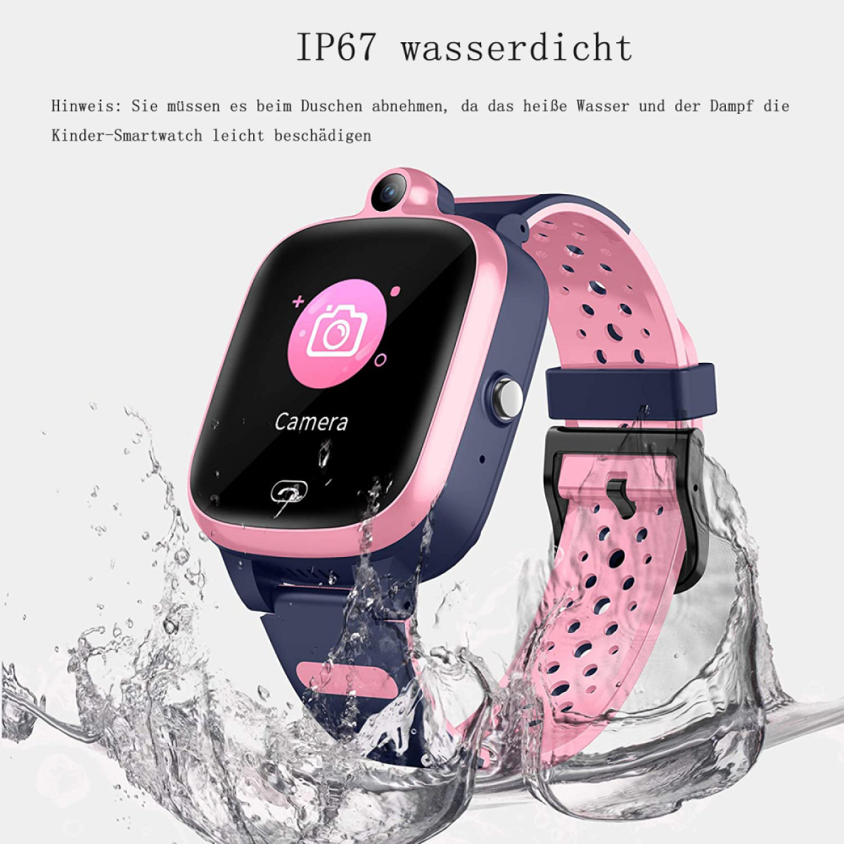 Eine pink-blaue Smartwatch mit Kamera-Symbol und Wassertropfen.