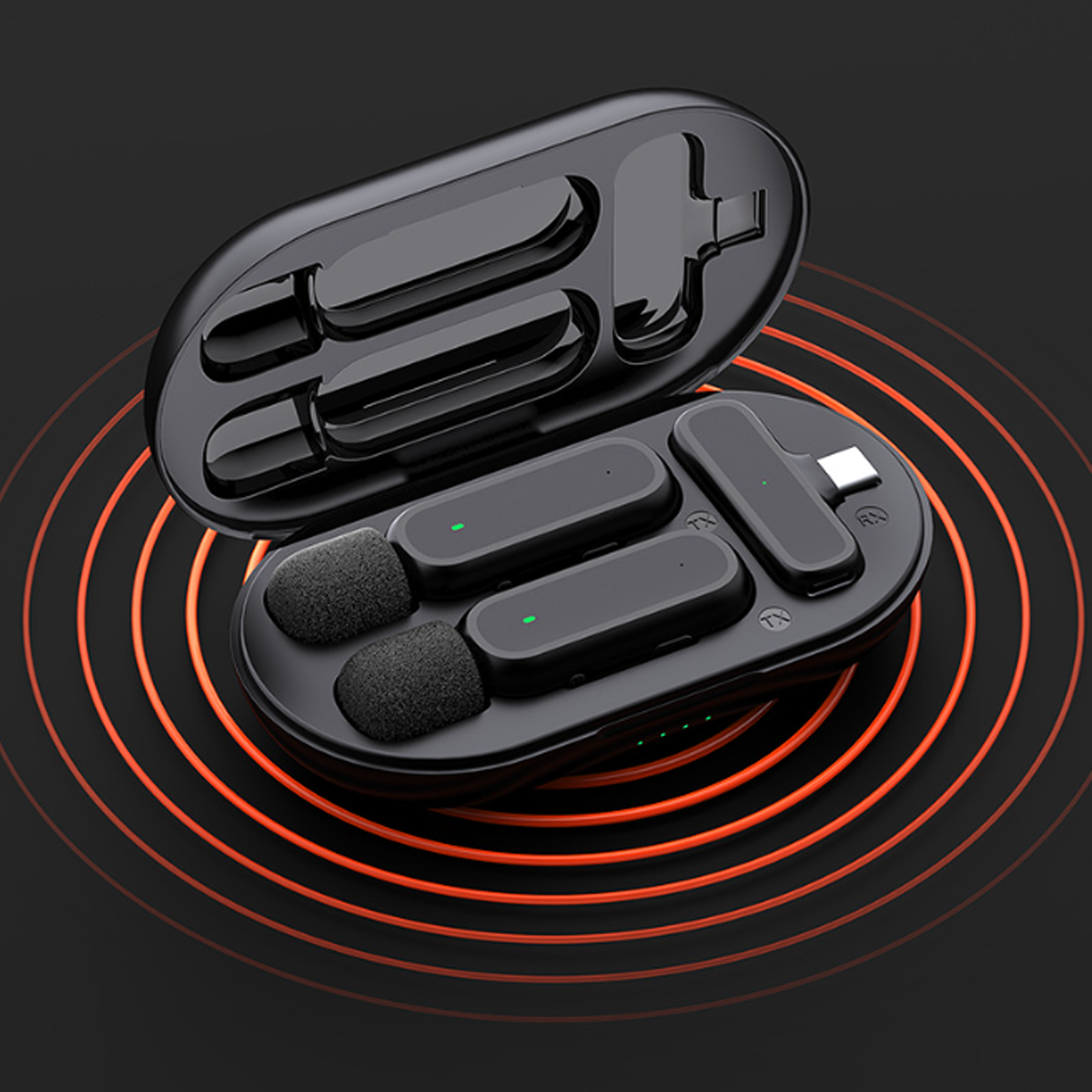 Schwarzes Mikrofon-Set in einem schwarzen Gehäuse. Enthält zwei Mikrofone und einen USB-C-Empfänger.