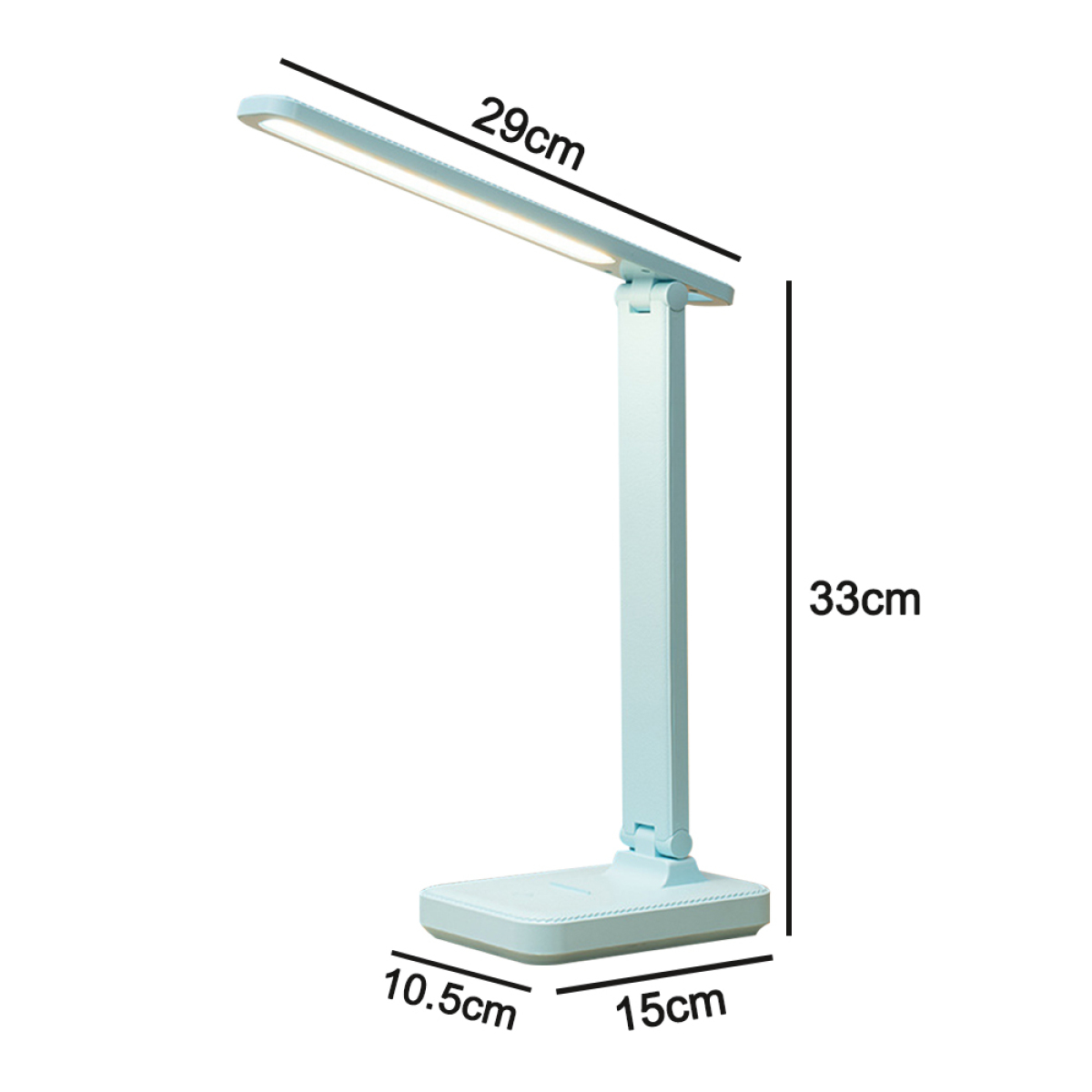 Blaue Schreibtischlampe, 29 cm lang, 33 cm hoch, Basisabmessungen 15 cm x 10,5 cm. Weißer Hintergrund.