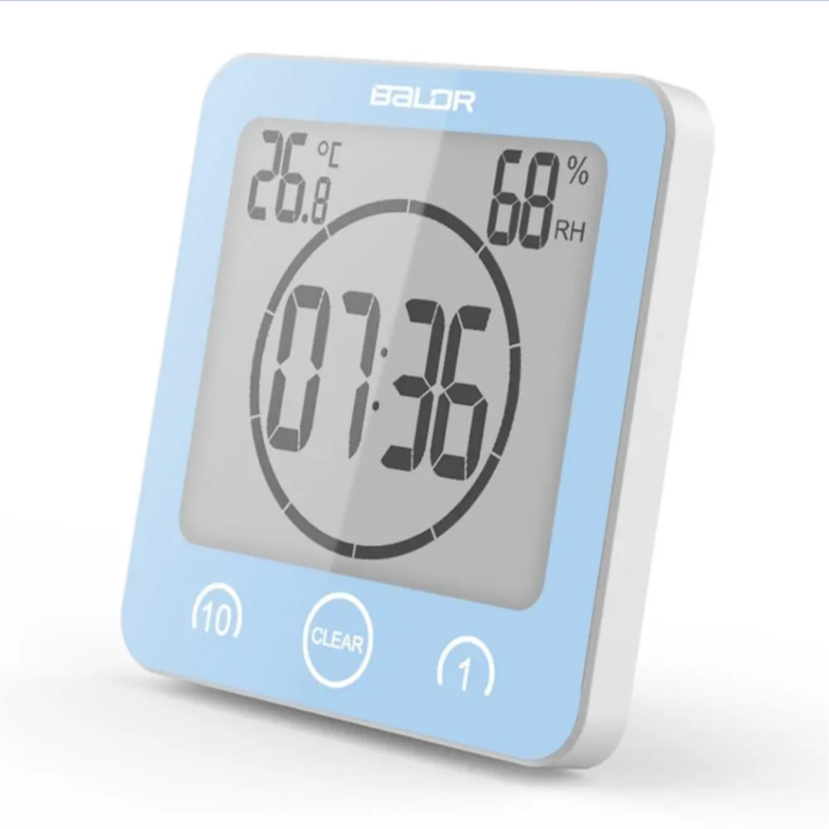 Blau-weißer digitaler Timer, der Zeit, Temperatur und Luftfeuchtigkeit anzeigt.