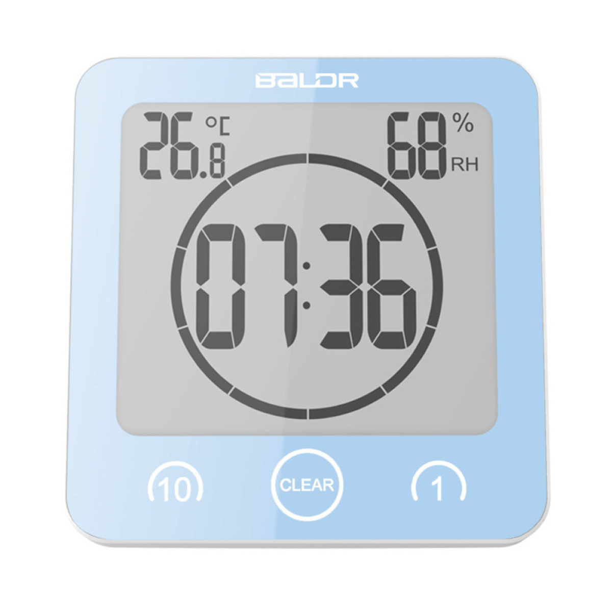 Blau gerahmte Digitaluhr mit Zeit-, Temperatur- und Feuchtigkeitsanzeige.