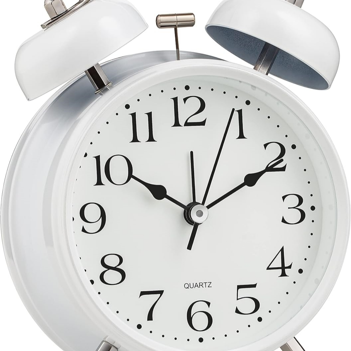 Wecker mit weißen Ziffern und Zeigern. Die Uhrzeit ist 10:09. Die Uhr hat zwei Glocken.