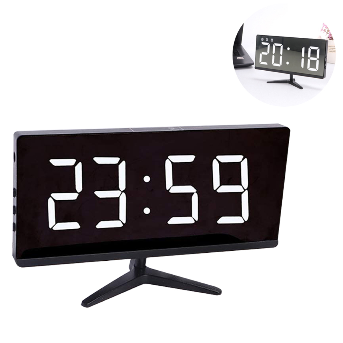 Ein schwarzer digitaler Wecker mit der Anzeige 23:59. Eine kleinere Uhr mit 20:18 ist oben eingesetzt.
