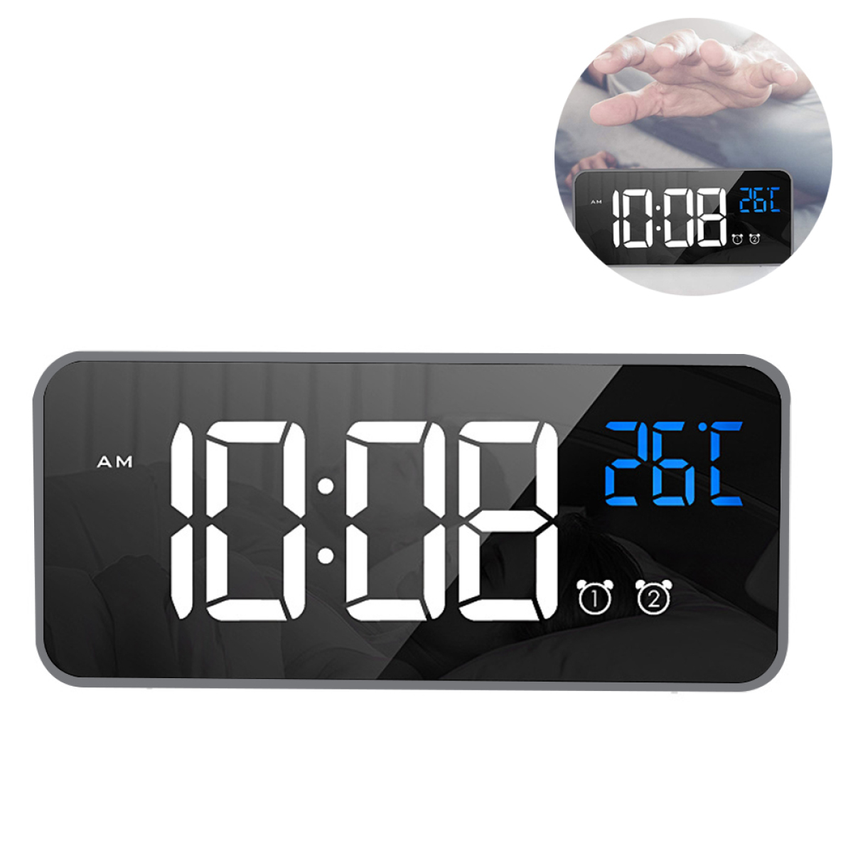 Digitaler Wecker mit Anzeige 10:08 Uhr und 26°C. Eine Hand, die danach greift, ist im Hintergrund.