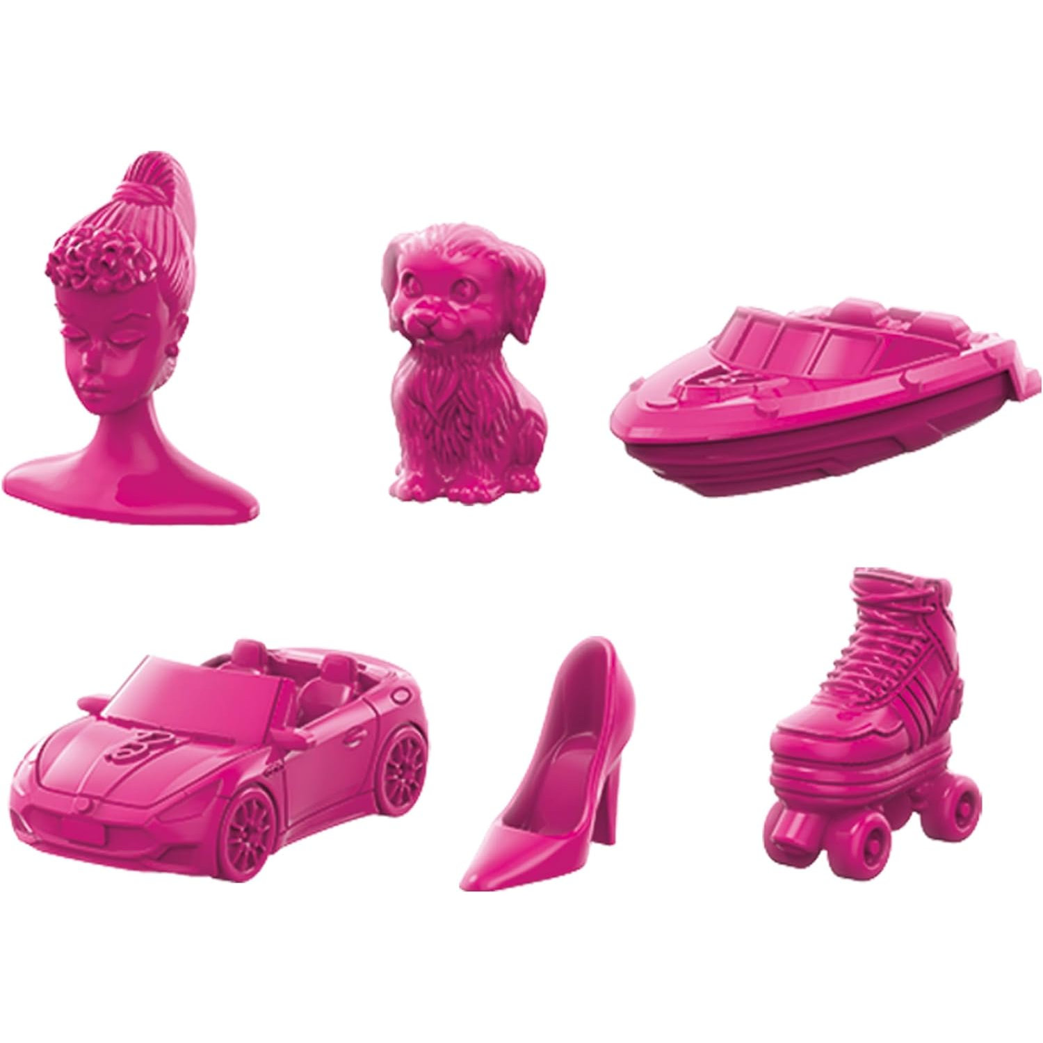 Rosa Spielzeugfiguren: eine Büste, ein Hund, ein Boot, ein Auto, ein High Heel und Rollschuhe auf weißem Grund.
