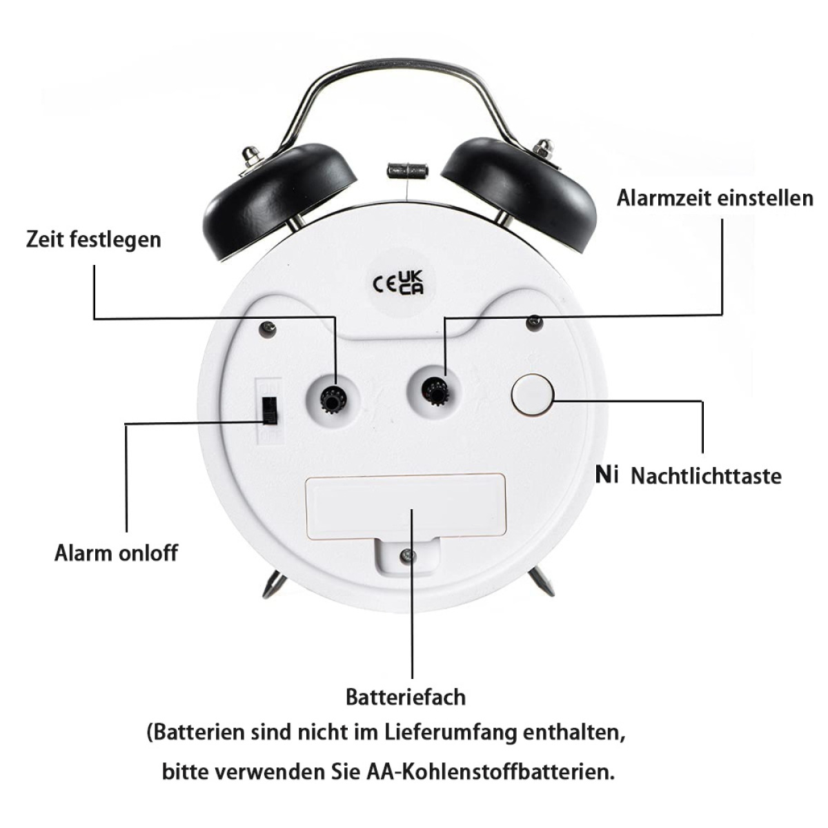 Wecker mit beschrifteten Funktionen, schwarzen Glocken und Licht hinten, weißer Hintergrund.