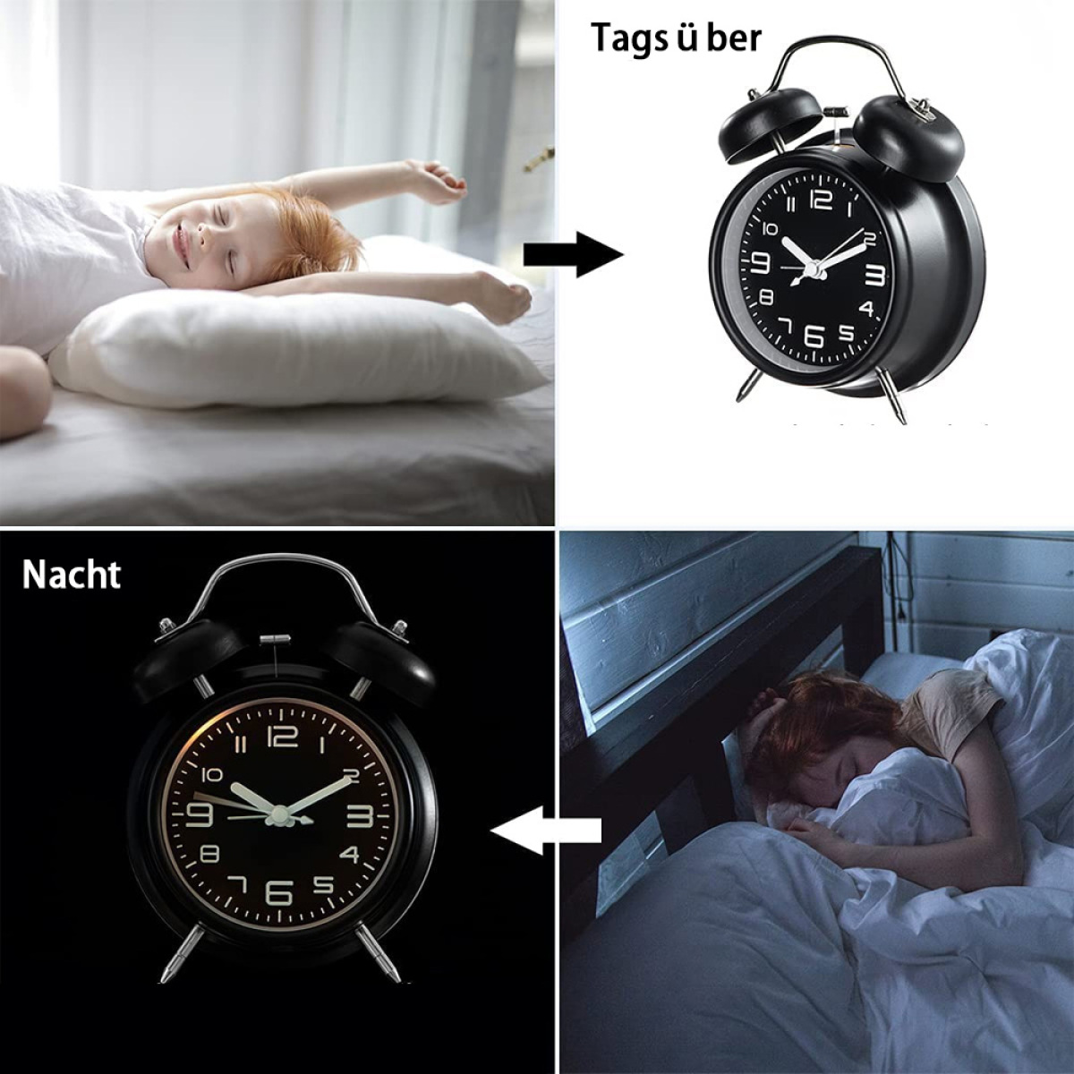 Uhr in zwei Zuständen: schlafendes Kind und Wecker. Nacht und Tag.