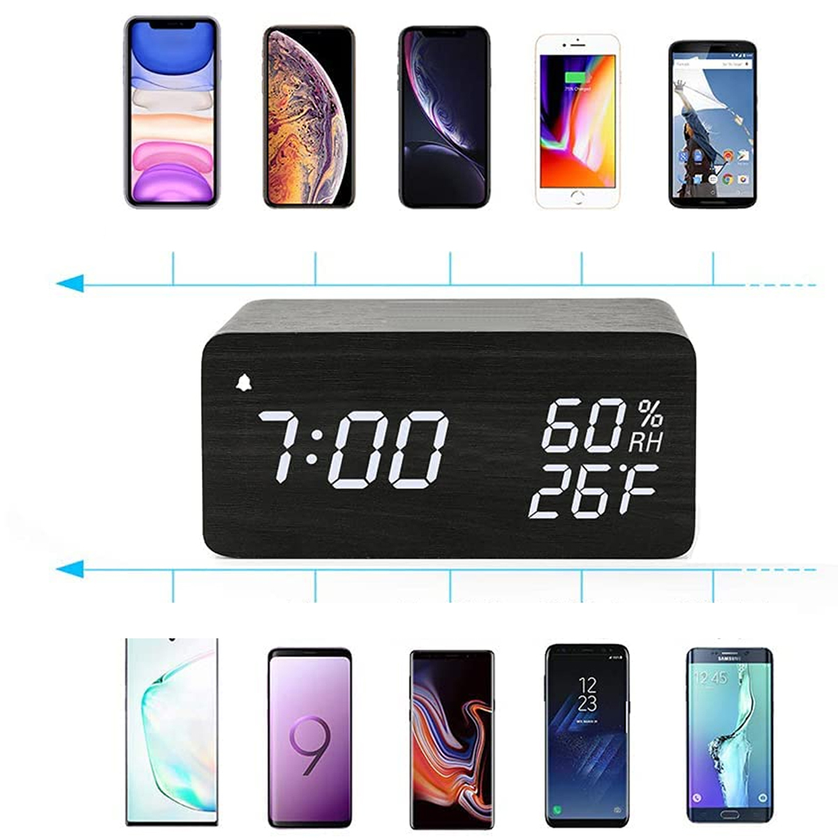 Eine Digitaluhr zeigt 7:00, 60% und 26F an. Telefone sind oben und unten angeordnet.