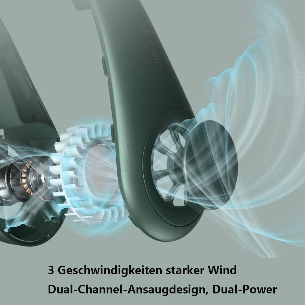 Nackenventilator mit Luftstrom-Illustration. Text: 3 Geschwindigkeiten, Dual-Channel-Design, Dual-Power.