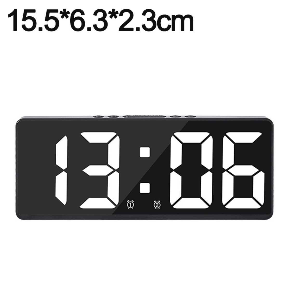 Eine schwarze Digitaluhr zeigt 13:06 an. Die Abmessungen betragen 15,5 x 6,3 x 2,3 cm.