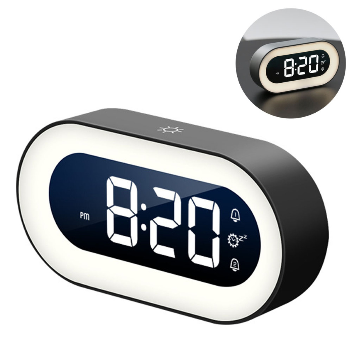 Schwarz-weißer digitaler Wecker mit 20:20 Uhr, mit einem Licht um das Zifferblatt.