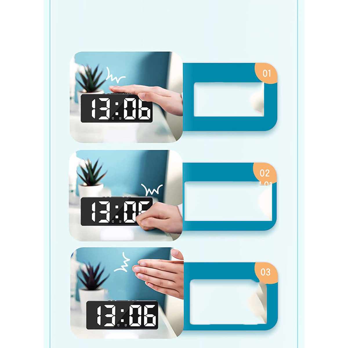 Digitaler Wecker mit drei angezeigten Zeiteinstellungen auf weißer Oberfläche, mit Händen.