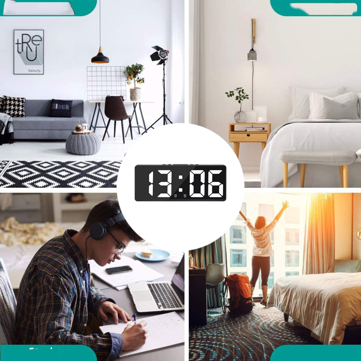 Vier Bilder in einer Collage: eine Digitaluhr, eine Person beim Schreiben, eine Person im Bett, und ein Raum.