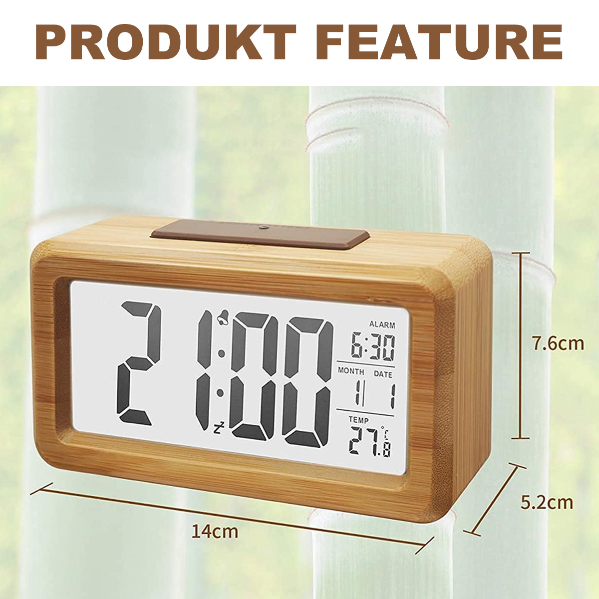 Digitaler Wecker aus Holz, der 2:00 Uhr anzeigt. Er hat eine Anzeige für Weckzeit, Datum und Temperatur.