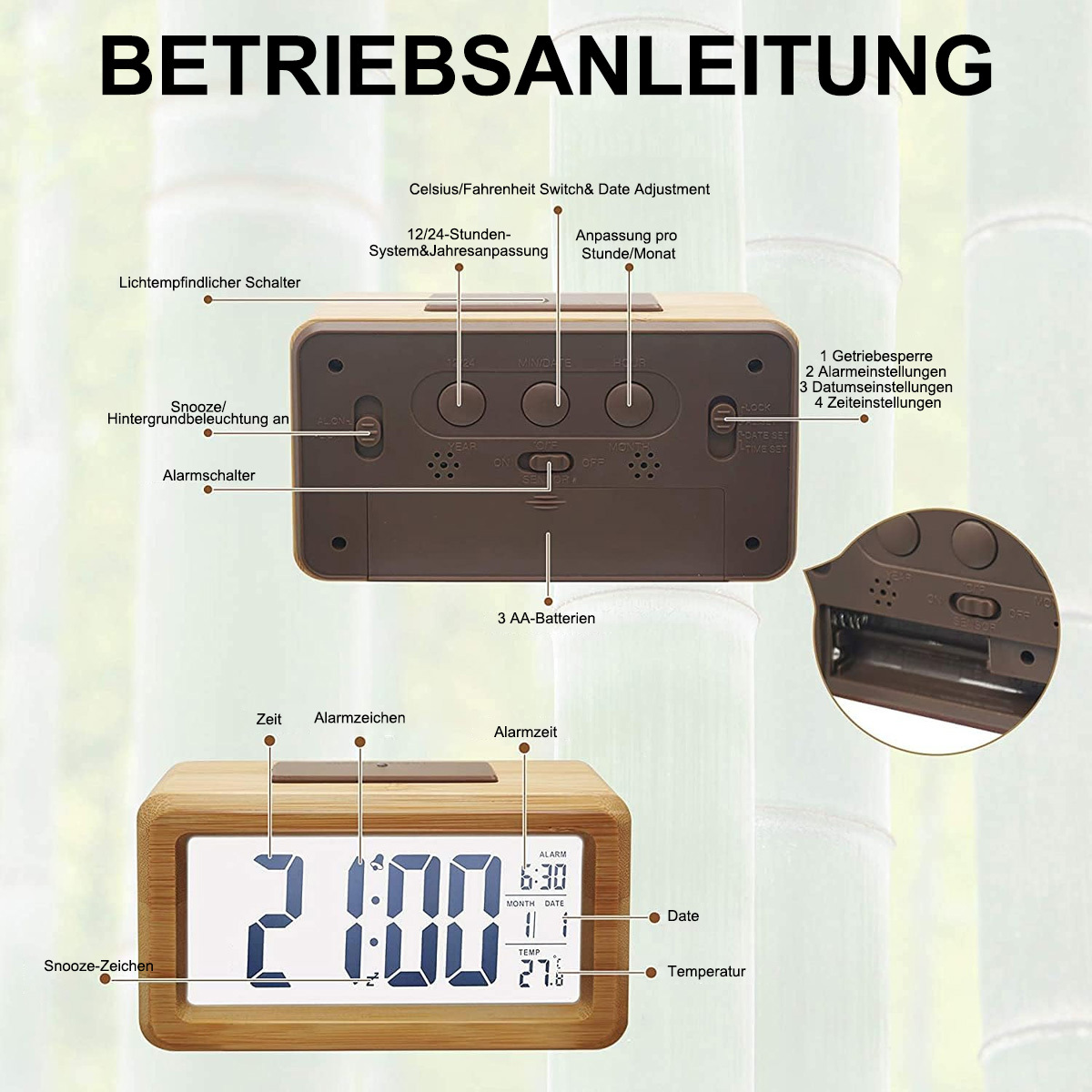 Ein hölzerner Wecker mit digitaler Anzeige. Er zeigt Zeit und Temperatur. Die Knöpfe sind sichtbar.