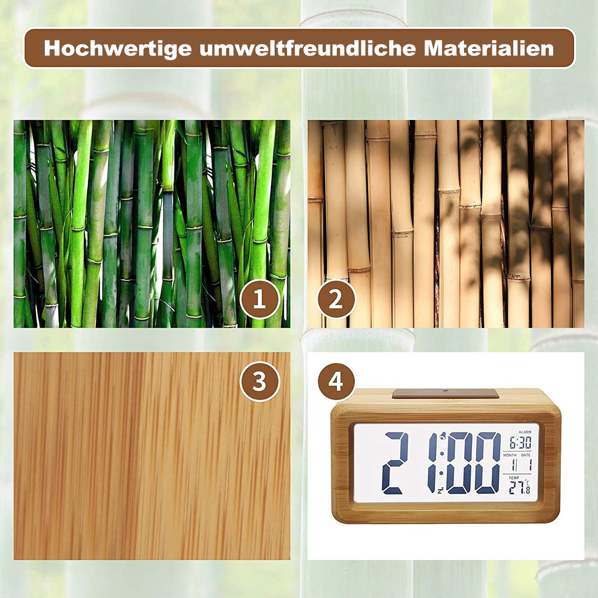 Vier Bilder: Bambus, Bambusstämme, Holztextur und eine Digitaluhr auf Holzsockel.