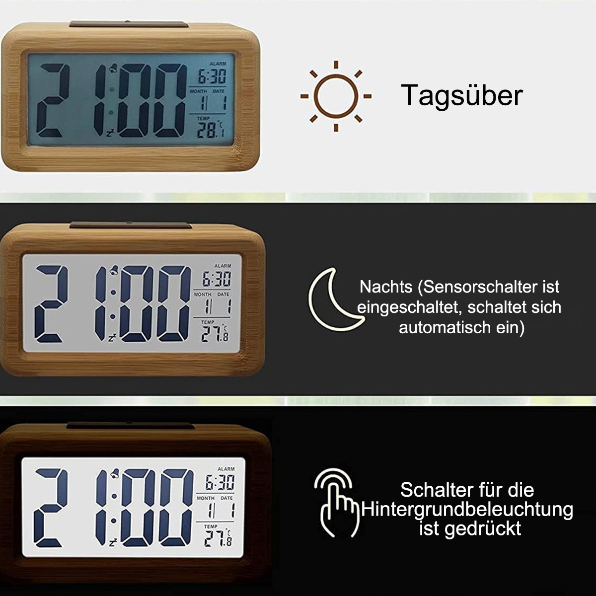 Ein digitaler Wecker aus Holz mit Zeit- und Datumsanzeige. Text-Overlays zeigen Tag- und Nachtmodi an.