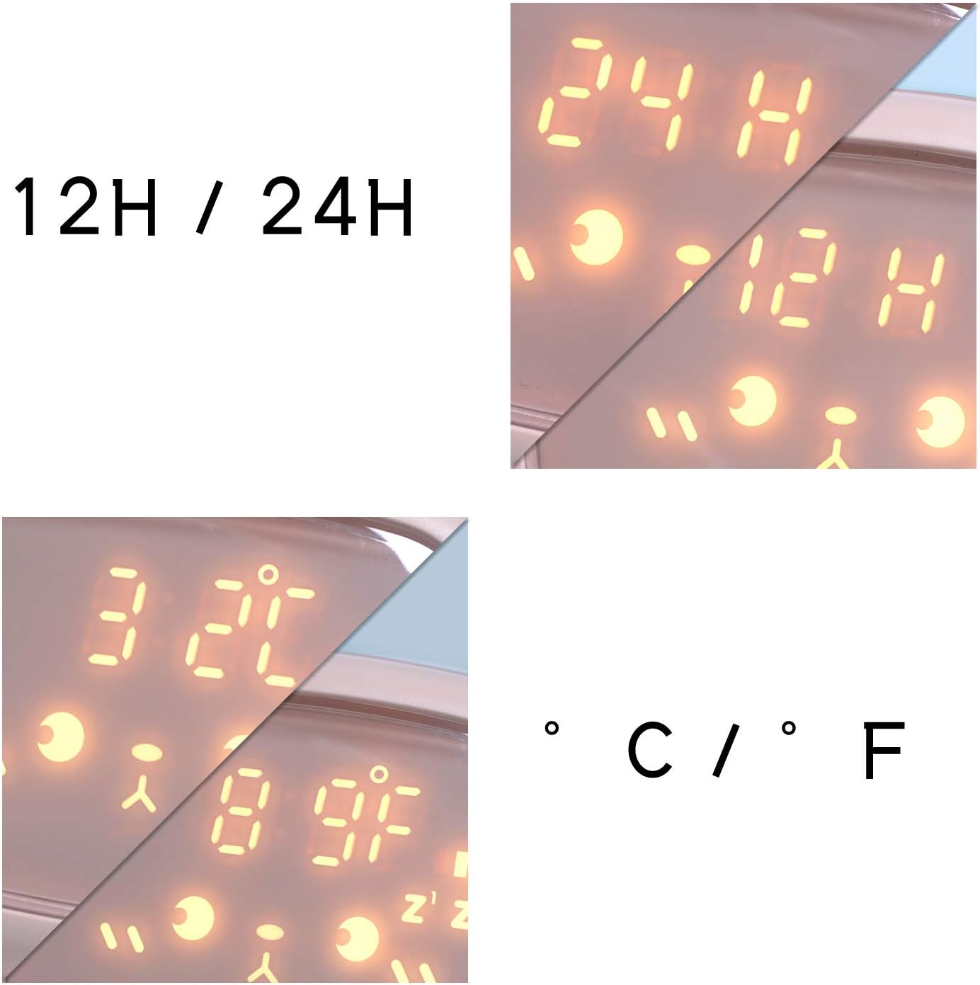 Digitaluhr mit Anzeige von Zeit und Temperatur, mit 12H/24H und °C/°F Optionen.