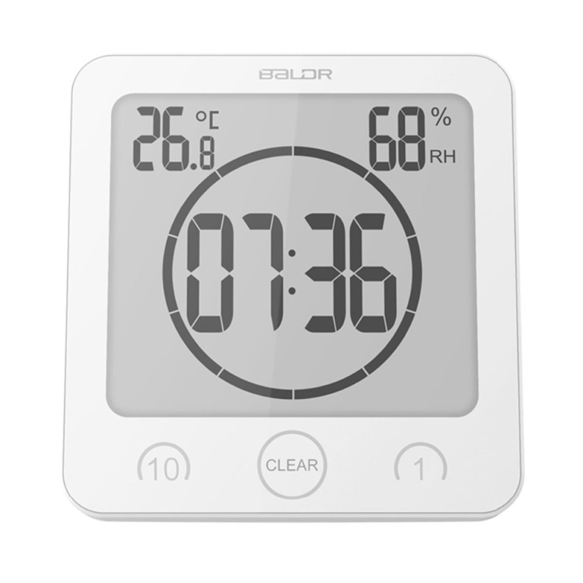 Eine weiße Digitaluhr zeigt Zeit, Temperatur und Luftfeuchtigkeit an. Der Markenname ist BALDR.
