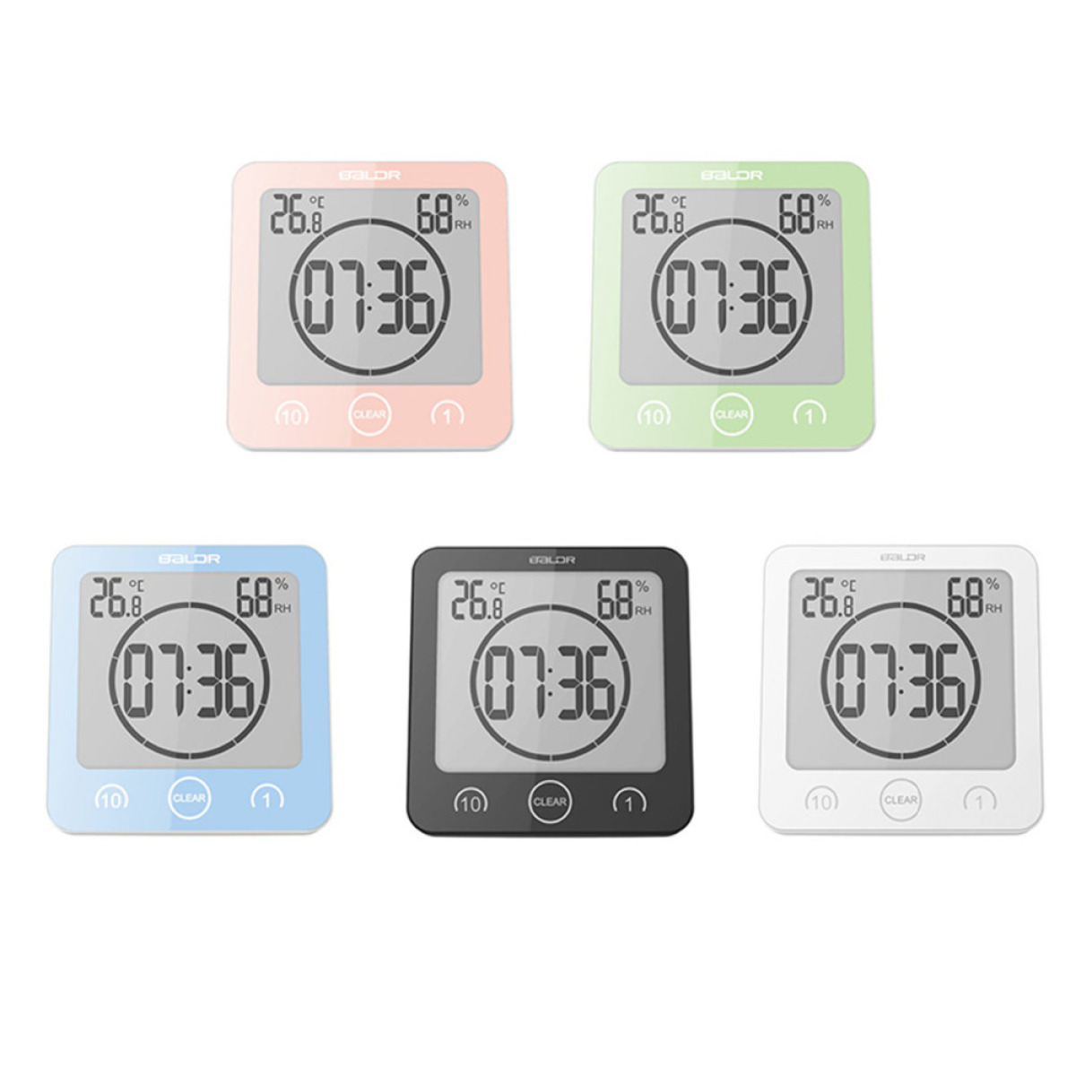 Fünf digitale Thermometer in verschiedenen Farben: rosa, grün, blau, schwarz und weiß. Sie zeigen Zeit und Temperatur.