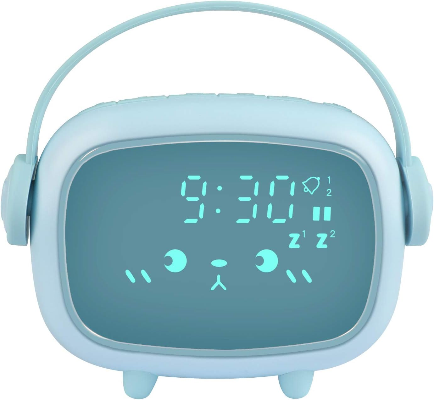 Blaue Digitaluhr. Sie hat ein Cartoon-Gesicht mit Augen und Mund. Zeigt Zeit- und Alarmsymbole an.