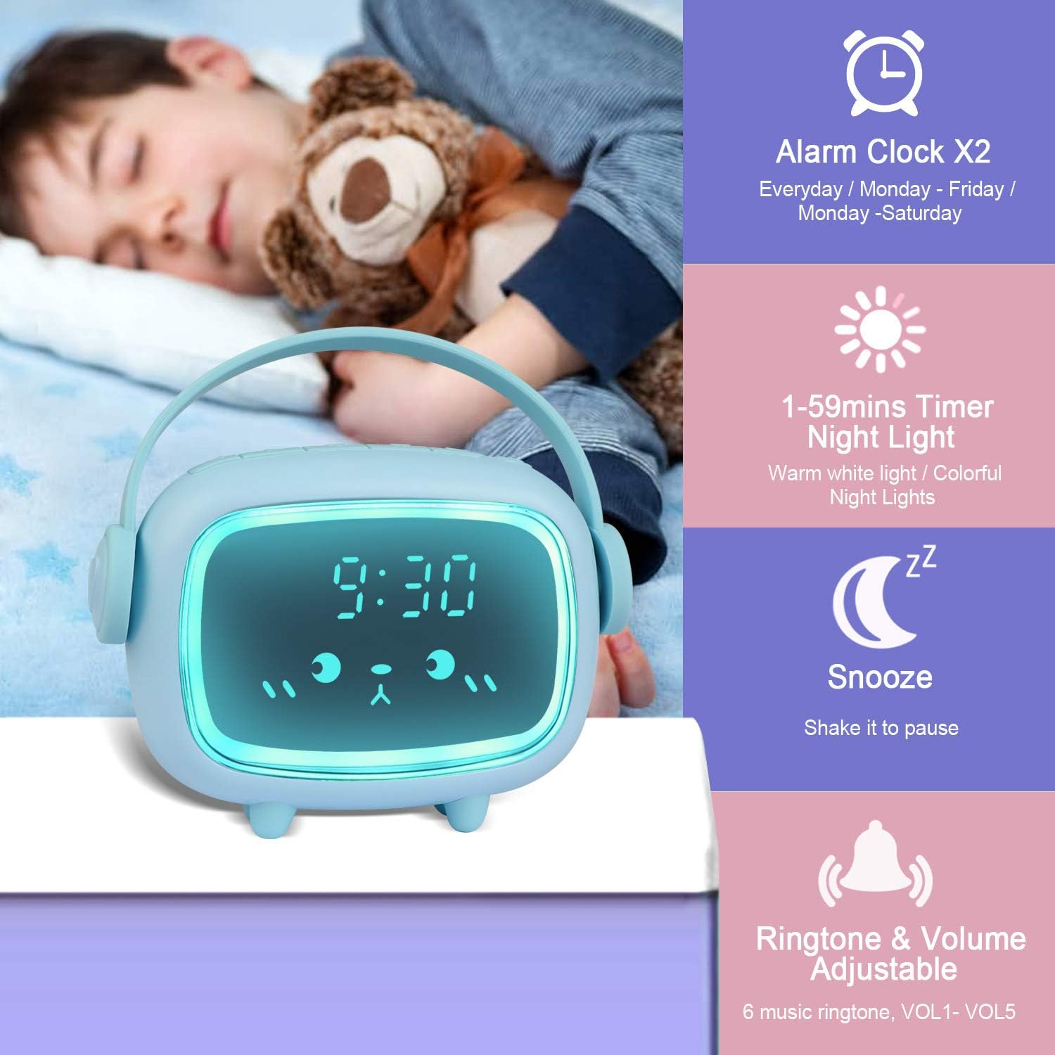 Blauer Wecker mit schlafendem Kind, Details zu Alarm-, Timer-, Schlummer- und Klingeltonoptionen.