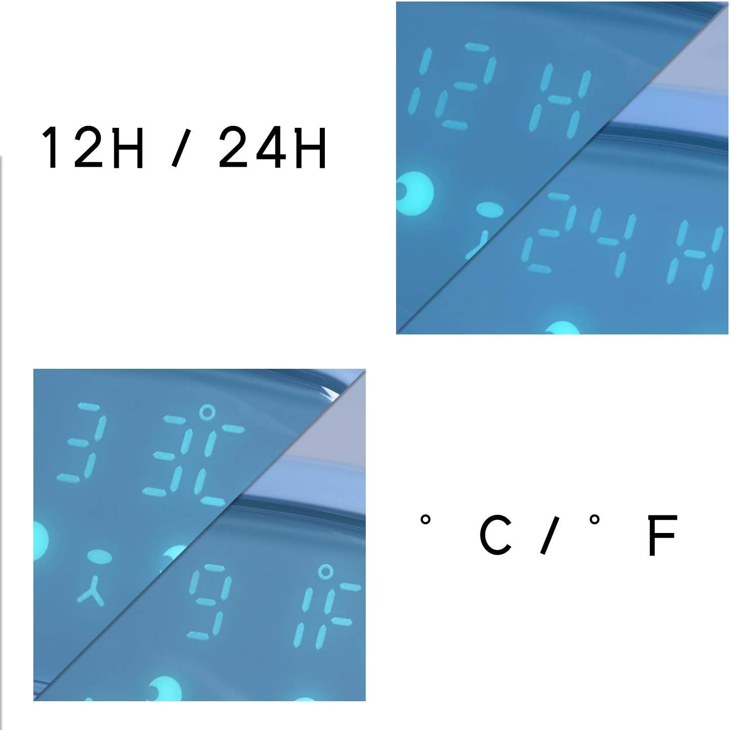 Digitaluhr mit blauer Anzeige von Zeit und Temperatur.