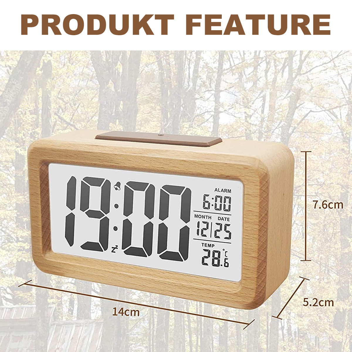 Digitaluhr aus Holz zeigt 19:00 Uhr, Alarm 6:00 Uhr, Datum 12/25 und Temperatur 28,6 an. Maße: 14x7,6x5,2 cm.