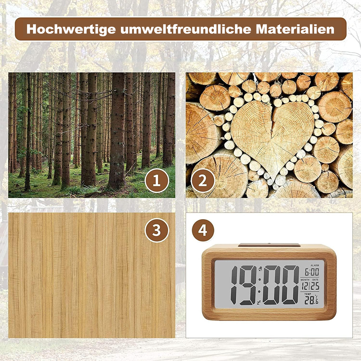 Bildcollage mit Holz- und Waldmotiven, einschließlich einer Uhr und Holzstruktur.